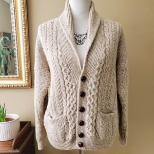 Carraig Donn Aran Irish Fisherman Sweater Neutral Wool Cardigan Chunky Knit